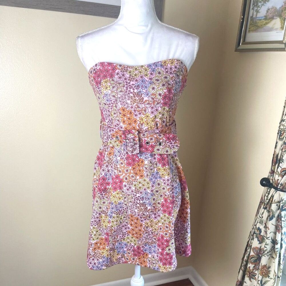 Strapless Pink Floral Belted Mini Dress NWT M Cottagecore Garden Party Spring - Picture 1 of 16